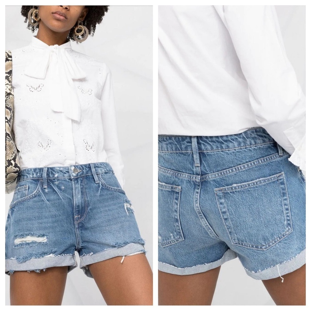 Frame Denim Light Blue Distressed High-Rise Jean Shorts